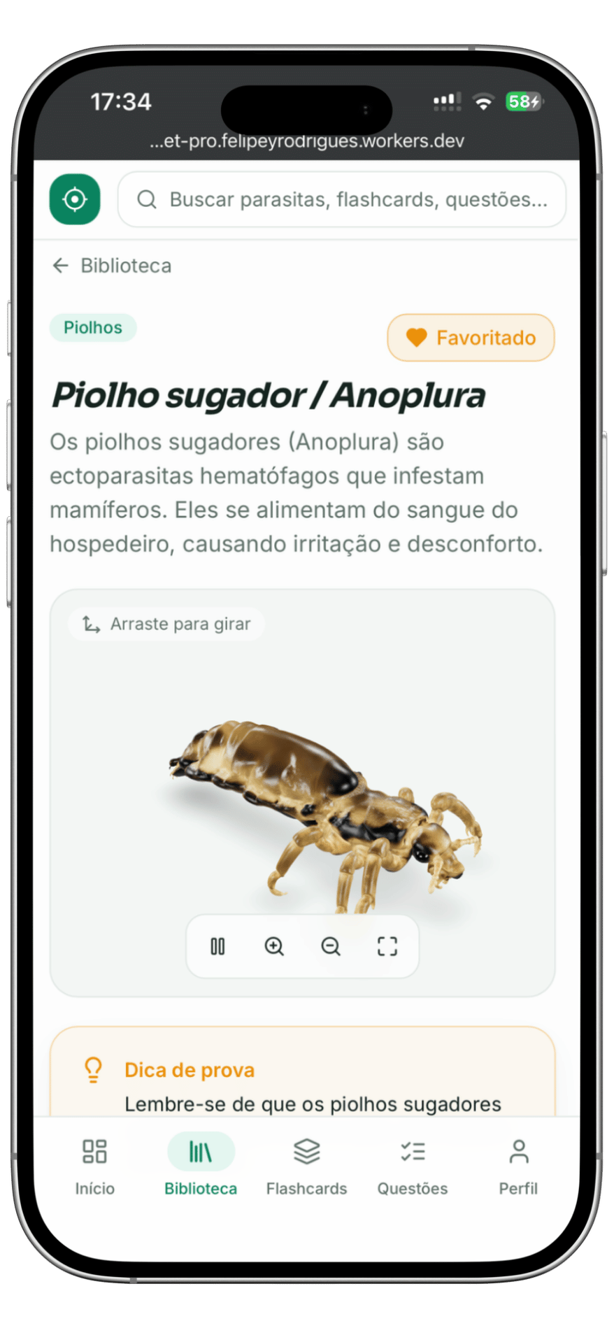 Tela do app Parasitologia Veterinária Pro - Piolho em 3D