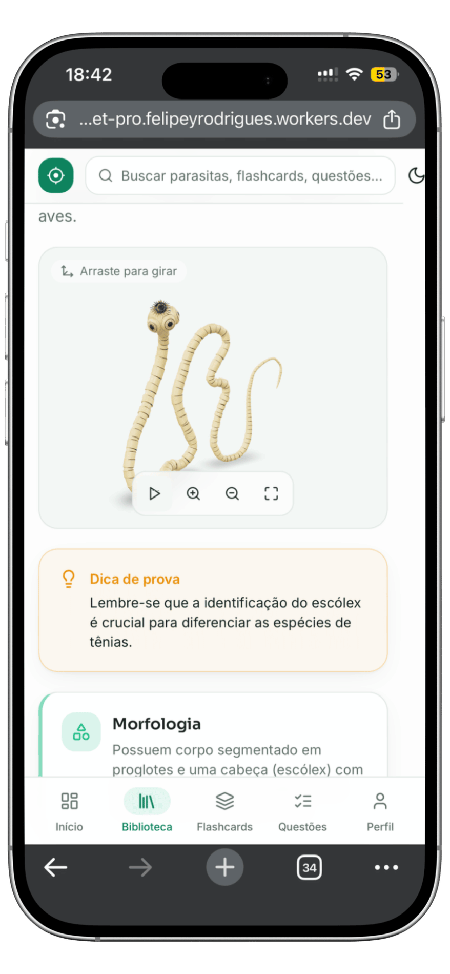 Tela do app Parasitologia Veterinária Pro - Cestódeo em 3D