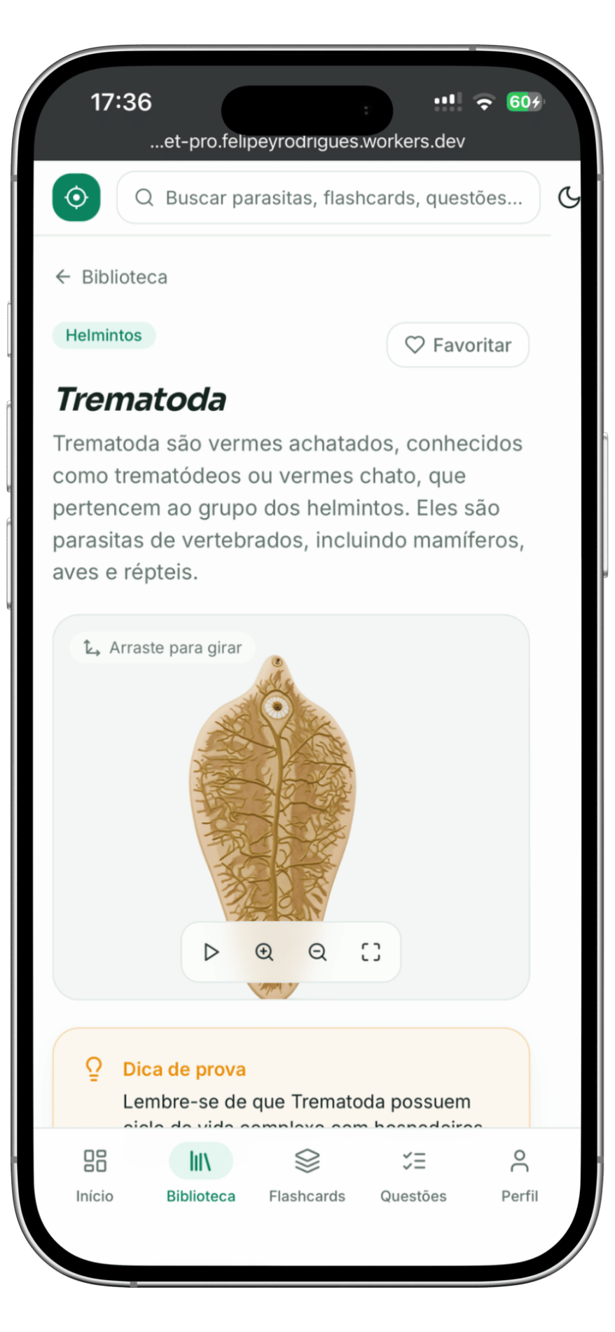 Tela do app Parasitologia Veterinária Pro - Trematoda em 3D