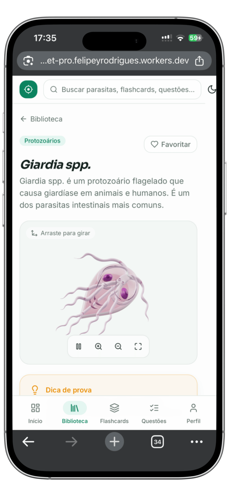 Tela do app Parasitologia Veterinária Pro - Giardia em 3D