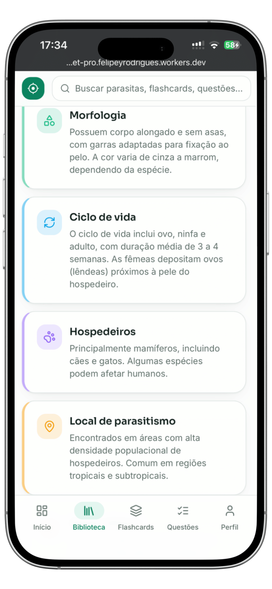 Ficha do parasito no aplicativo